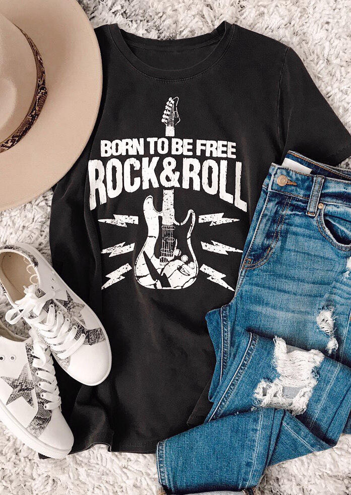 

Tees T-shirts Born To Be Free Rock & Roll T-Shirt Tee in Black. Size: M