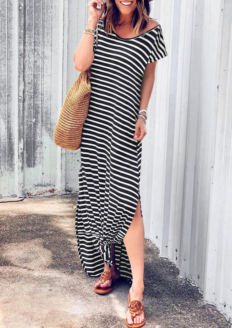 

Striped V-Neck Slit Maxi Dress, Stripe, 466421