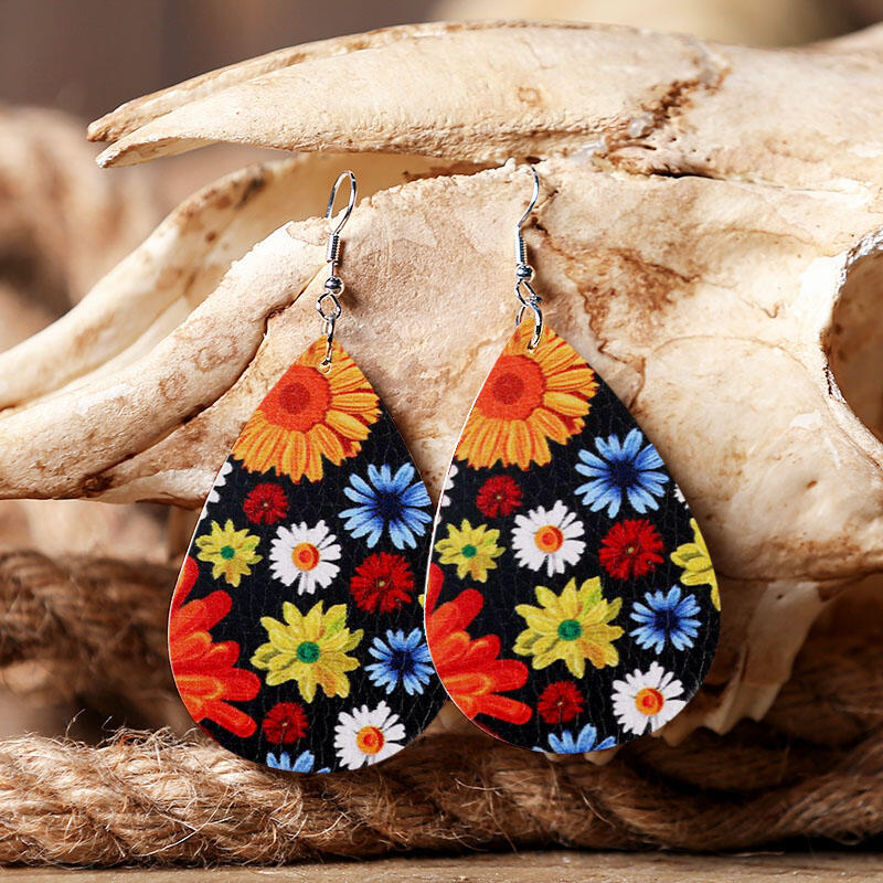 

Sunflower PU Leather Earrings, Pattern1;pattern2, 469131