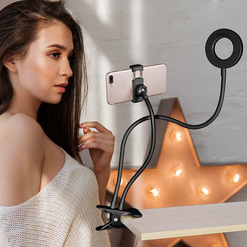 

Home Decor Clamp-On LED Selfie Ring Light with Cell Phone Holder in Black. Size