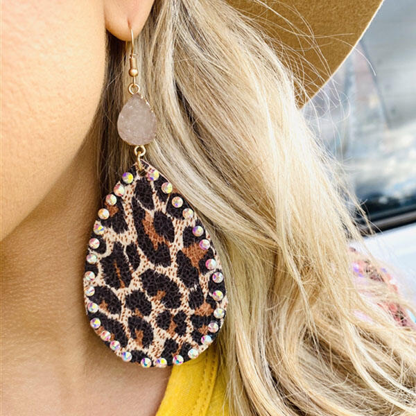 Leopard Rhinestone Leather Earrings