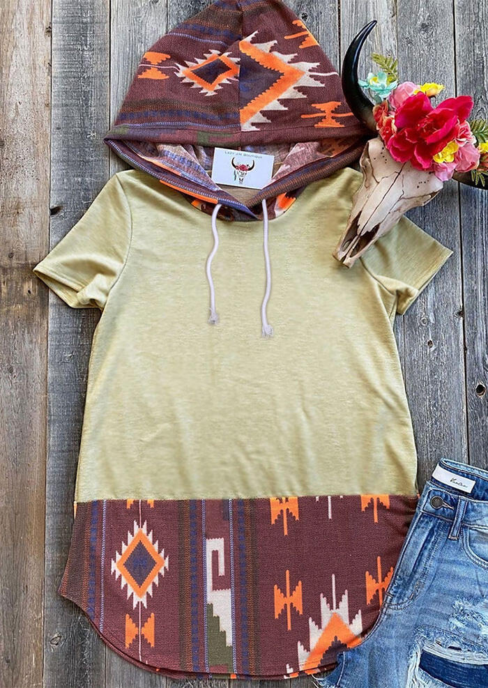 

Aztec Splicing Drawstring Hooded Blouse - Light Khaki, 469226