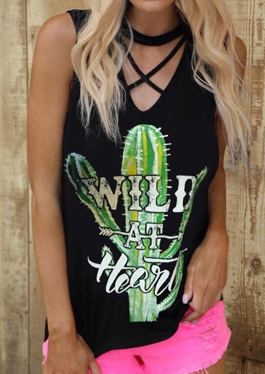 

Presale - Cactus Wild At Heart Criss-Cross Hollow Out Tank - Black, 469325