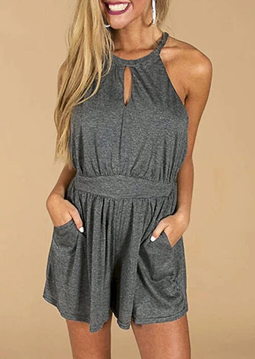 

Open Back Pocket Sleeveless Romper - Gray, 469373
