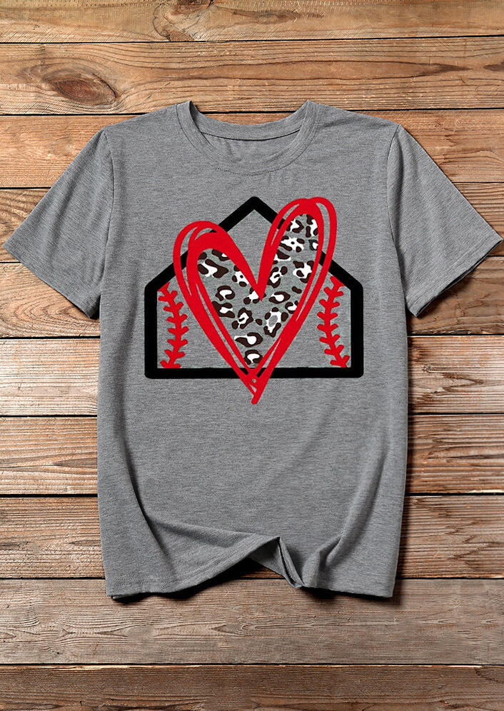 Leopard Baseball Love Heart T-Shirt Tee - Gray