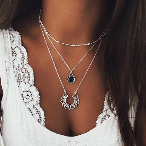 

Bohemian Vintage Multi-Layered Lotus Pendant Necklace, Silver, 469407