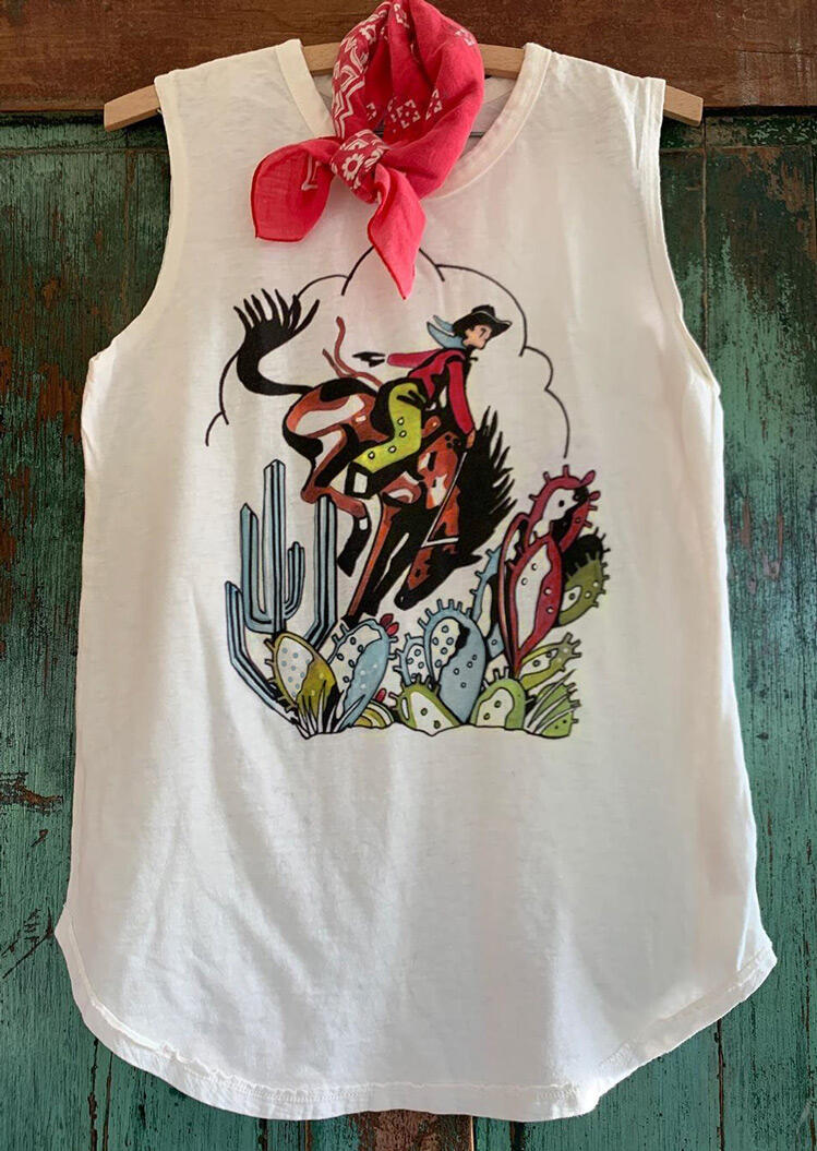 

Tank Tops Cowboy Cactus O-Neck Tank in White. Size: ,XL