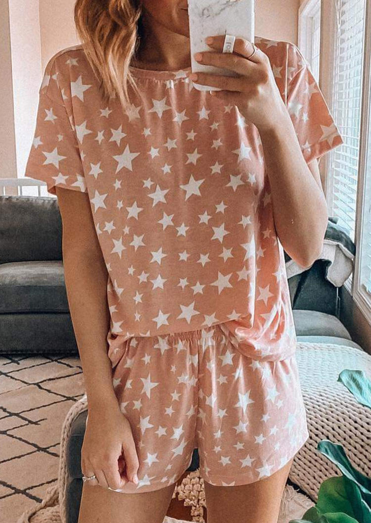 

Star Printed T-Shirt Tee And Shorts Pajamas Set, Pink, 469418