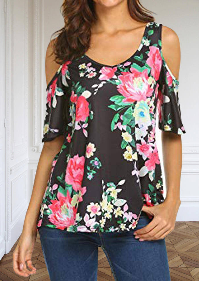 

Floral Cold Shoulder Blouse - Black, 469430