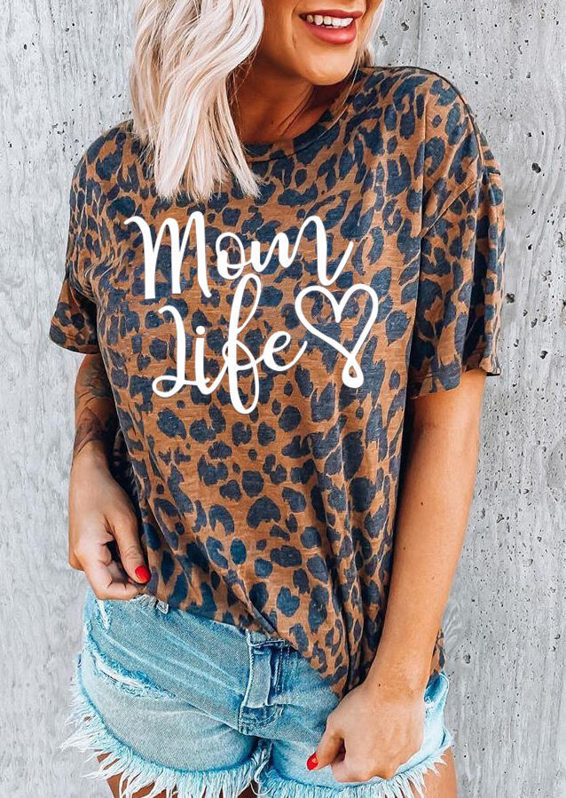 T-shirts Tees Leopard Mom Life Heart T-Shirt Tee in Leopard. Size: S,M,L