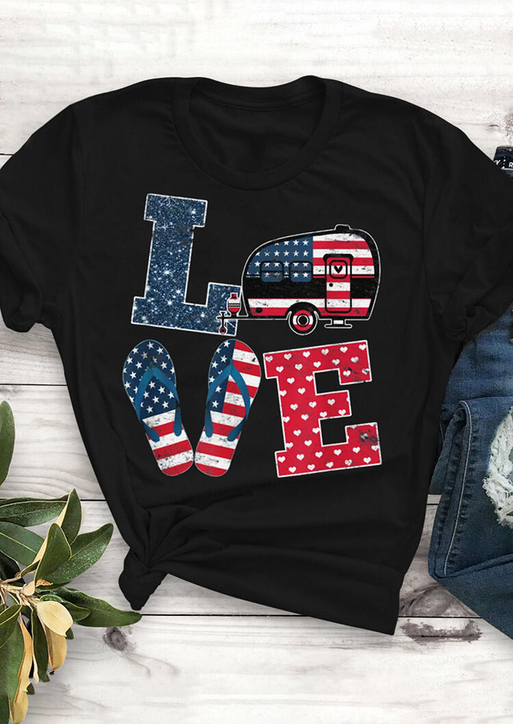 

American Flag Love T-Shirt Tee - Black, 469489