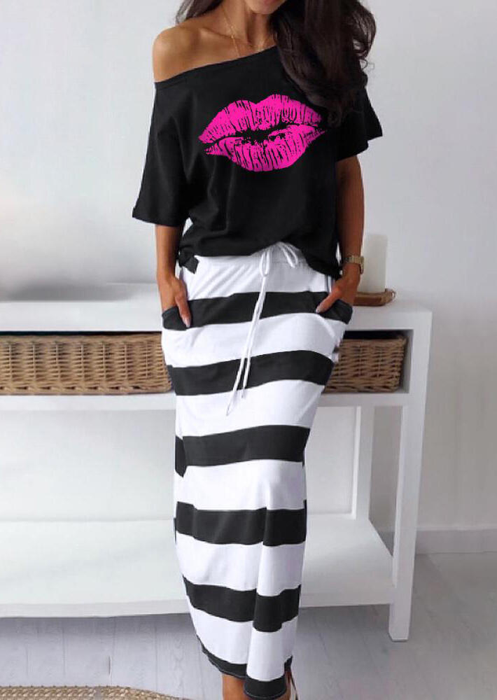 

Two-piece Dresses Lips Blouse + Striped Drawstring Long Skirt Outfit in Black. Size