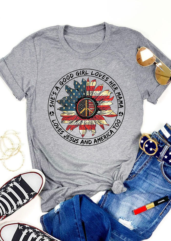 

Sunflower American Flag O-Neck T-Shirt Tee - Light Grey, 469554