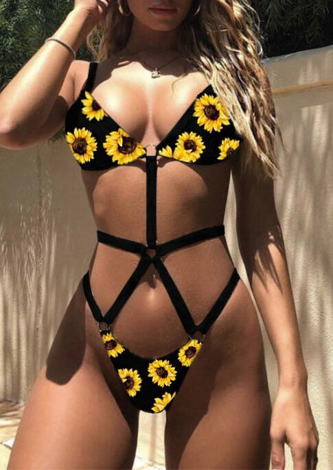 

One-Pieces Sunflower Hollow Out One-Piece Swimsuit without Necklace in Black. Size