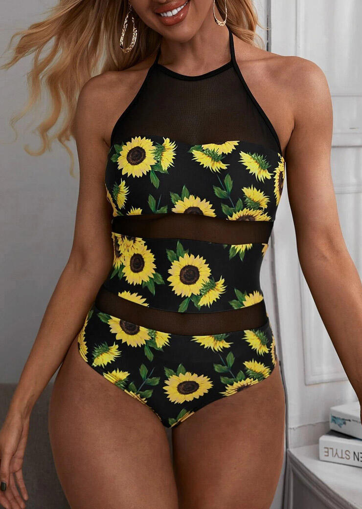 Sunflower Mesh Splicing Halter Tie One-Piece Swimsuit - Black