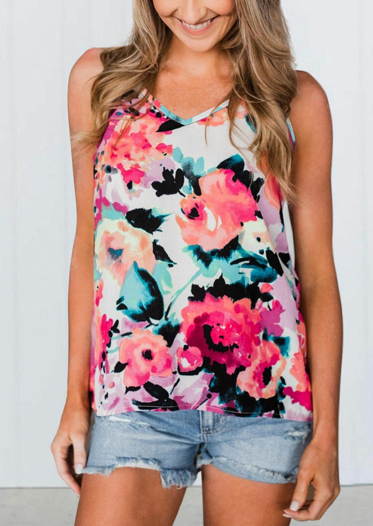 

Tank Tops Floral V-Neck Zipper Camisole in White. Size
