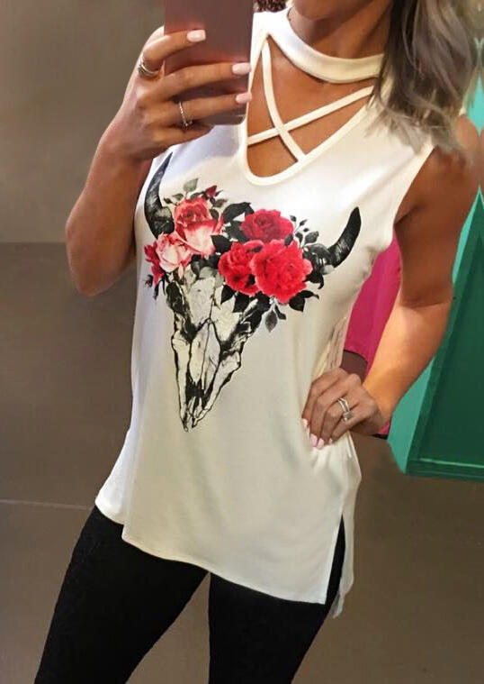 

Tank Tops Floral Criss-Cross Slit Casual Tank - White. Size