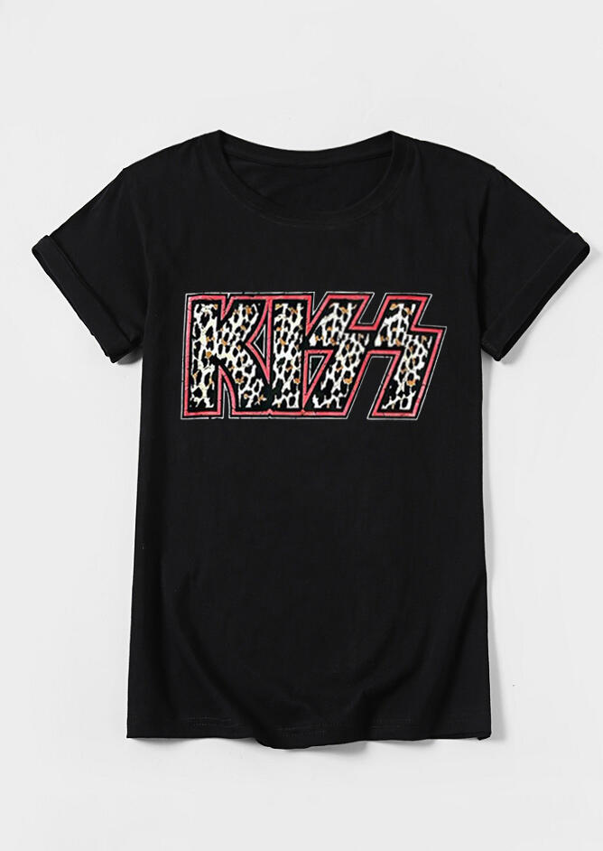 Tees T-shirts Leopard Kiss O-Neck T-Shirt Tee in Black. Size: S,M