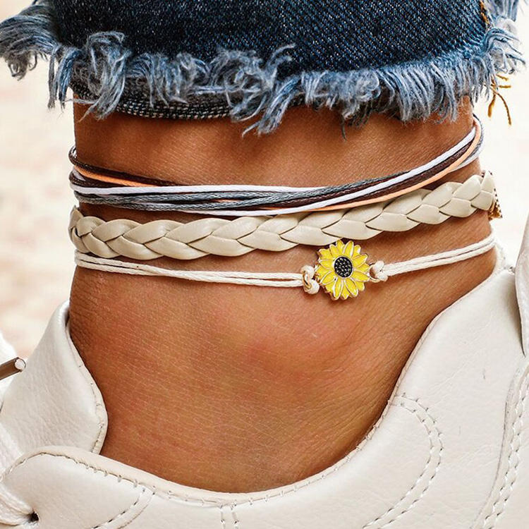 

3Pcs Fashion Sunflower Woven Anklet Set, Multicolor, 469720
