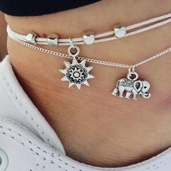 

Body Jewelry Vintage Elephant Sun Multi-Layered Anklet. Size, Silver