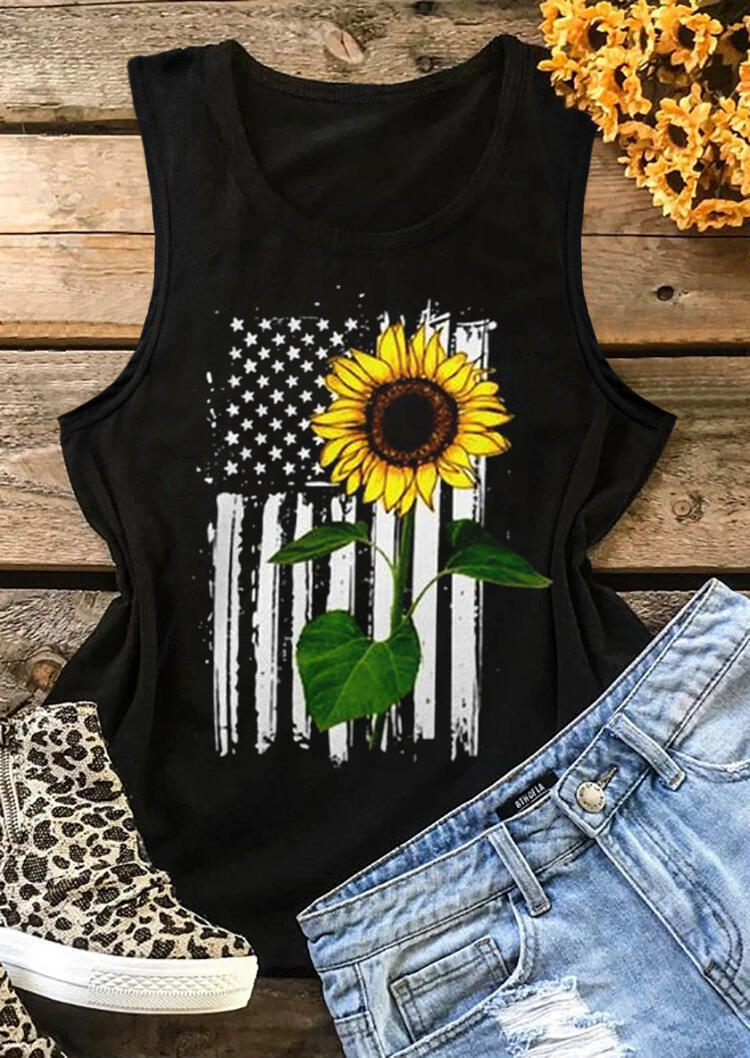 Tank Tops Sunflower American Flag Star Casual Tank Top in Black. Size: S,M,L,XL