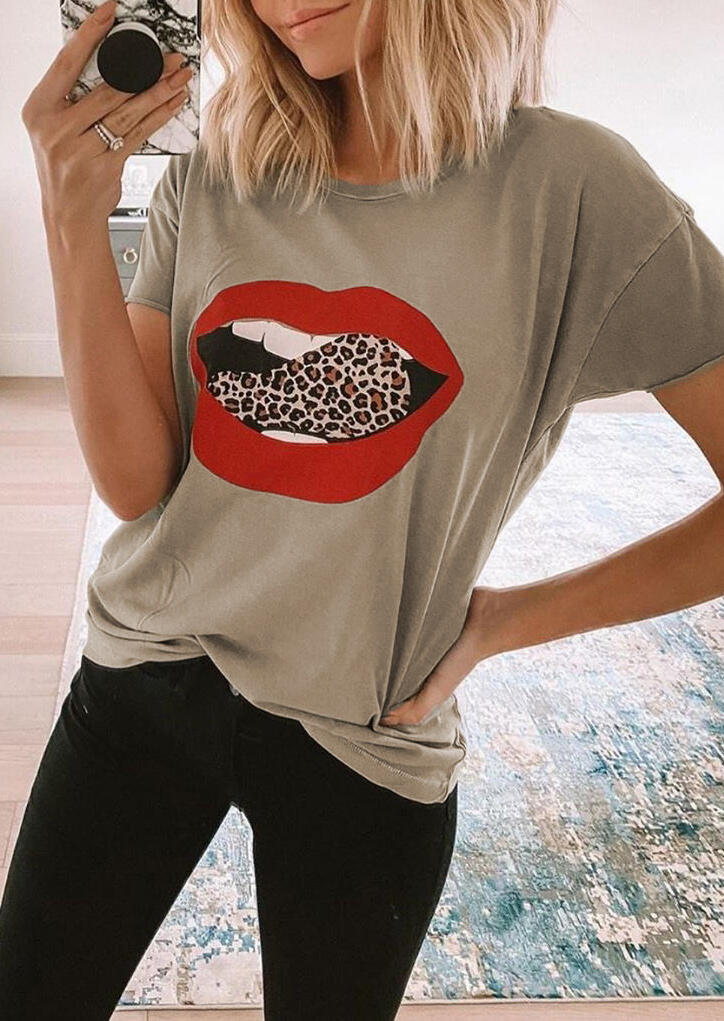 

Leopard Lips O-Neck T-Shirt Tee - Light Khaki, 469694
