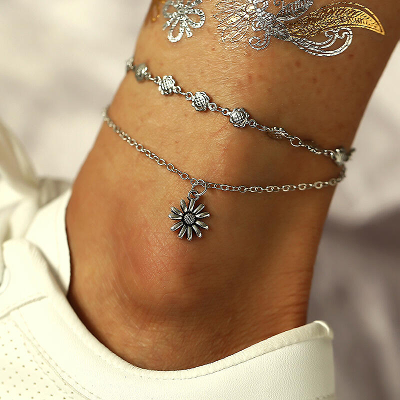 

Sunflower Vintage Dual-Layered Anklet, Silver, 469731
