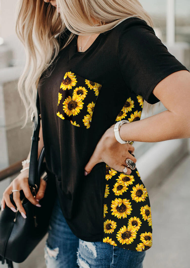 Tees T-shirts Sunflower Pocket T-Shirt Tee without Necklace in Black. Size: S,M,L,XL