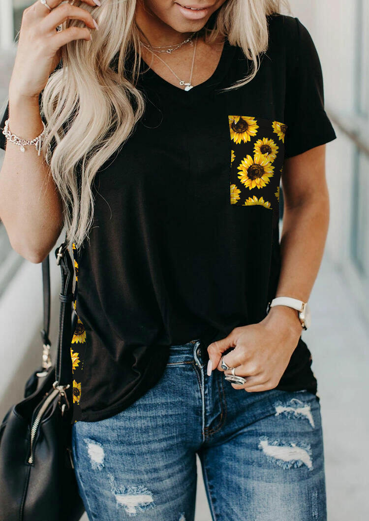 Sunflower Pocket T-Shirt Tee without Necklace - Black