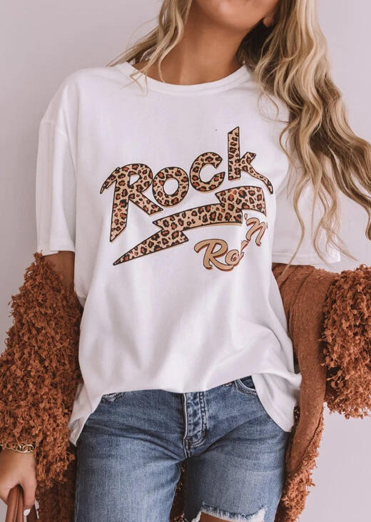 

Tees T-shirts Leopard Rock N' Roll T-Shirt Tee in White. Size
