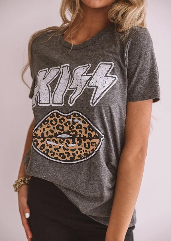 

Kiss Leopard Lip T-Shirt Tee - Gray, 469931