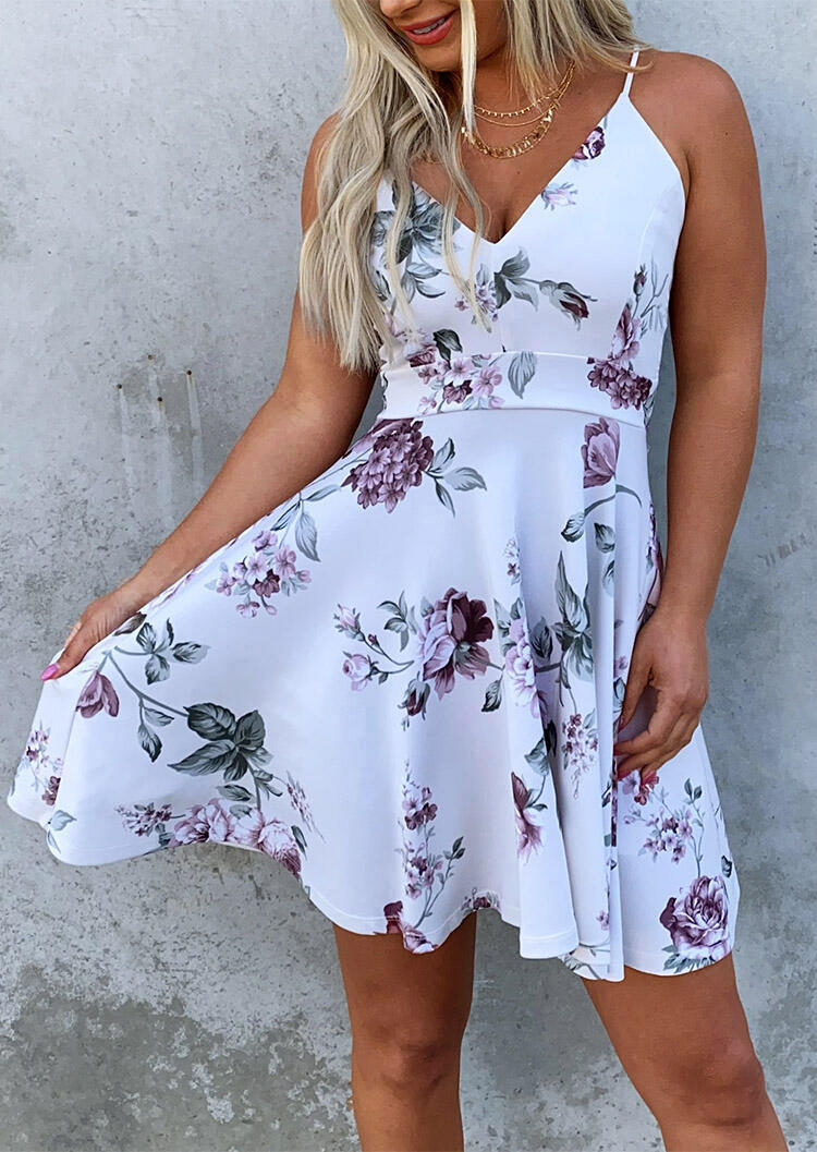 

Floral Splicing Lace V-Neck Mini Dress without Necklace - White, 467358