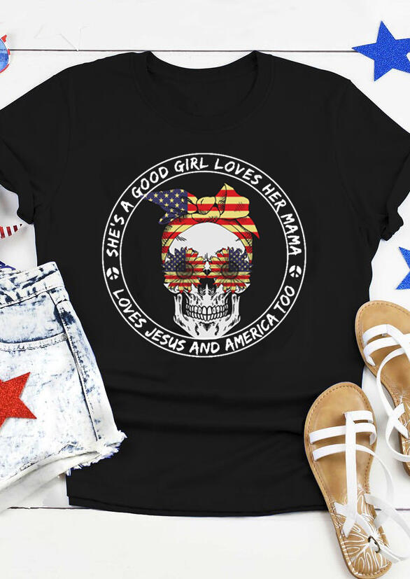 

Sunflower Skull American Flag T-Shirt Tee - Black, 469856