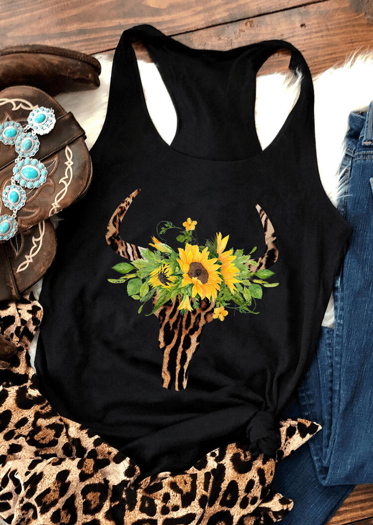 

Tank Tops Sunflower Leopard Steer Skull Tank - Black. Size