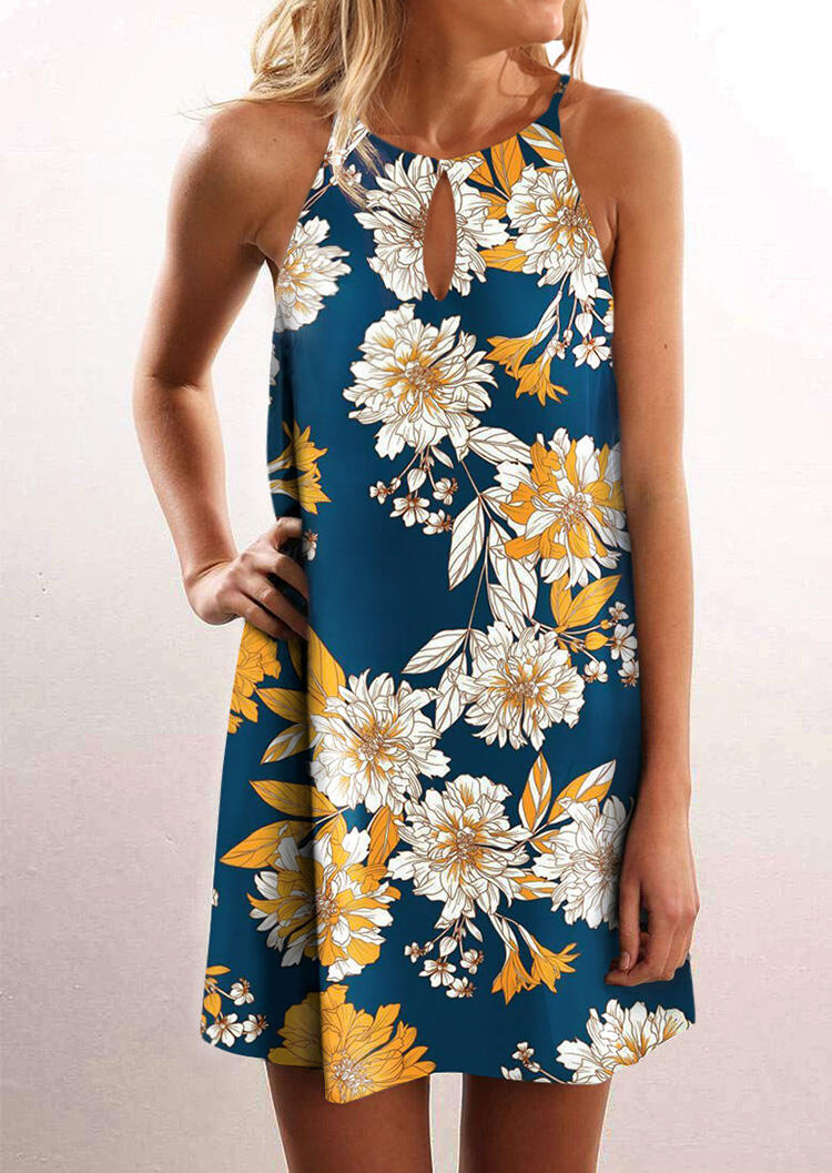 

Floral Hollow Out Open Back Mini Dress - Navy Blue, 469893