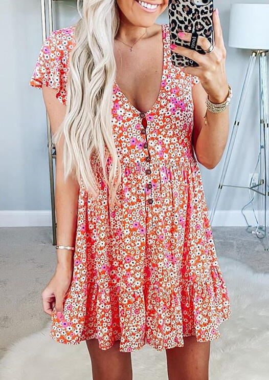 

Floral Button Ruffled Mini Dress without Necklace - Orange, 469957