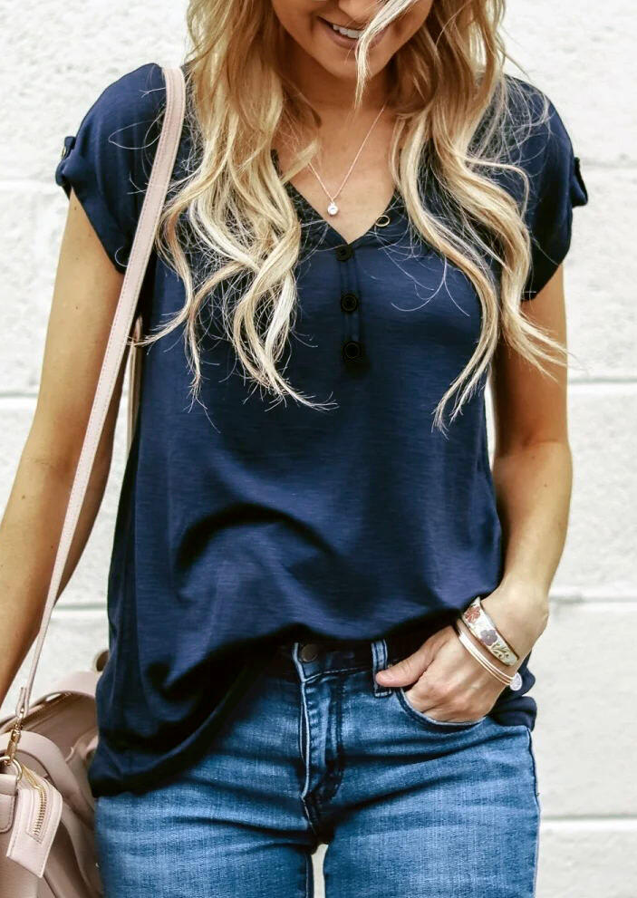 

Button Tab-Sleeve T-Shirt Tee without Necklace - Navy Blue, 469974
