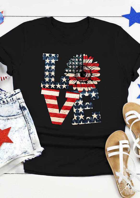 

American Flag Star Love Sunflower T-Shirt Tee - Black, 470031