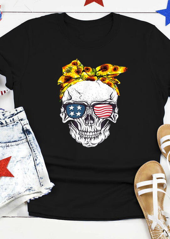 

Tees T-shirts Sunflower American Flag Skull T-Shirt Tee in Black. Size