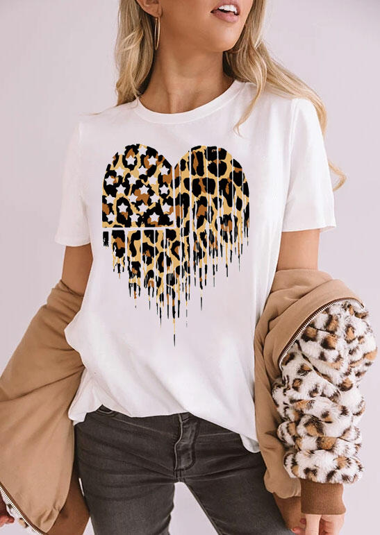 

Tees T-shirts Leopard Star Heart American Flag T-Shirt Tee - White. Size