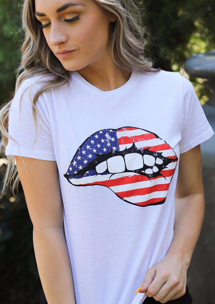 

Tees T-shirts American Flag Lips T-Shirt Tee - White. Size