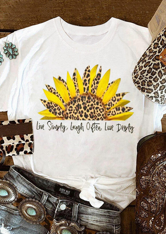 

Live Simply Sunflower Leopard T-Shirt Tee - White, 468973