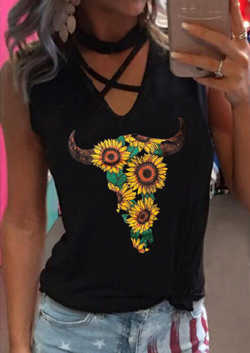 

Tank Tops Sunflower Steer Skull Criss-Cross Tank - Black. Size