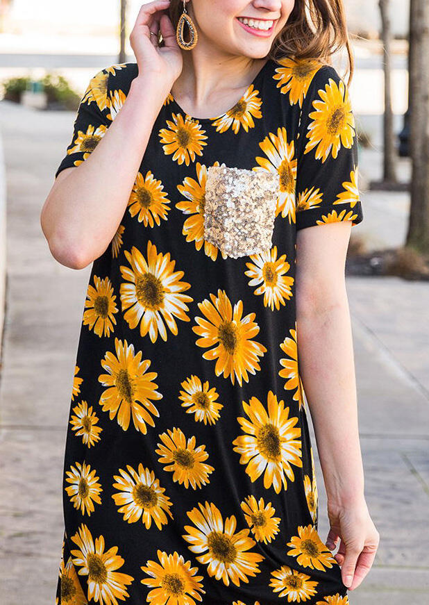 

Sunflower Sequined Splicing Pocket Mini Dress - Black, 470214