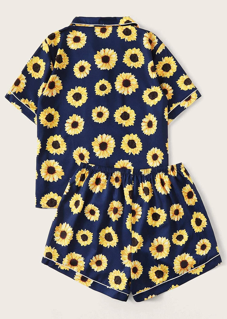 Sunflower Shirt And Shorts Pajamas Set - Navy Blue - Fairyseason