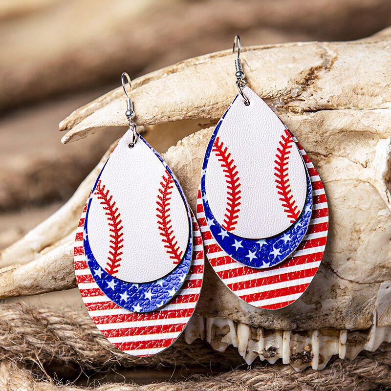 

American Flag Baseball Multi-Layered Leather Earrings, Multicolor, 469555