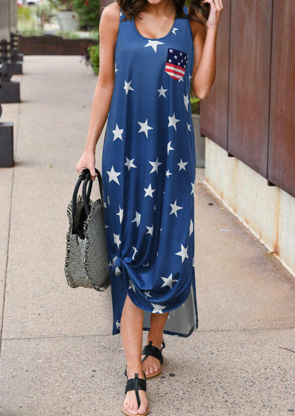 American Flag Star Pocket Sleeveless Maxi Dress - Blue - Fairyseason
