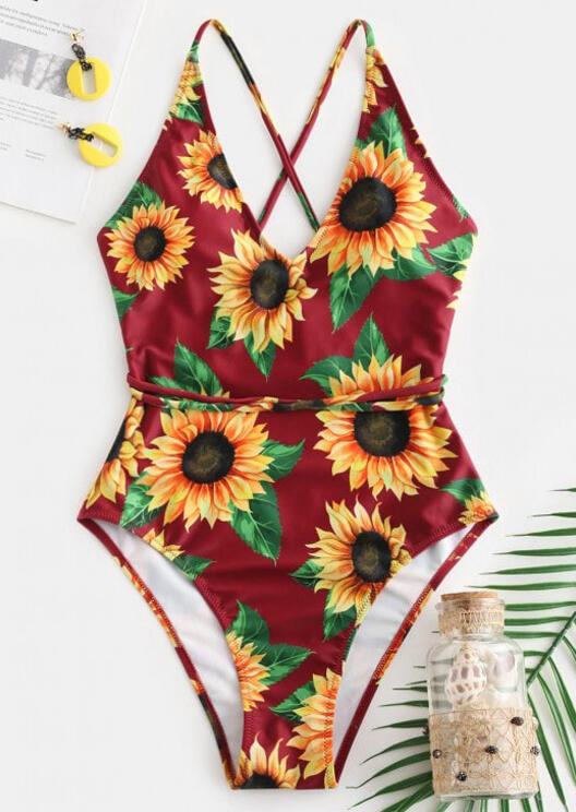 

One-Pieces Sunflower V-Neck Hollow Out One-Piece Swimsuit in Burgundy. Size