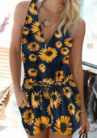 Summer Outfits Sunflower Zipper Drawstring Romper