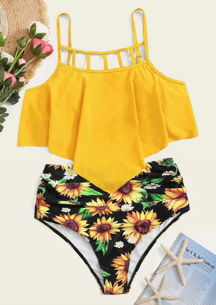 Sunflower Hollow Out Bikini Set - Yellow - Fairyseason